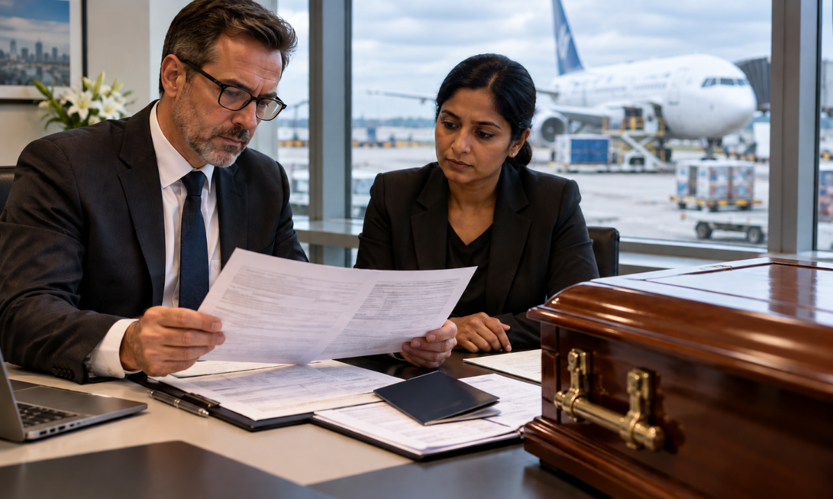 Transit permit and documents for transporting mortal remains from the USA to India.